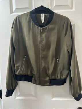 Small Mural Olive Bomber Jacket with Black Trim